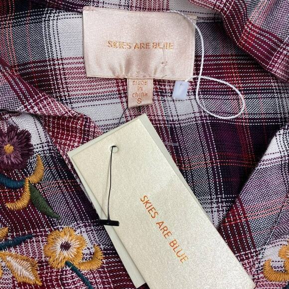 New Skies Are Blue Red Plaid Embroidered Floral Shirt Dress‎ Small - Picture 6 of 7